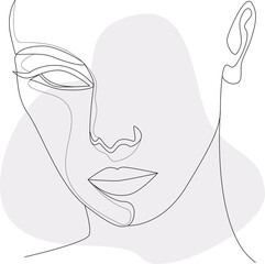 Elegant line art female face with pastel shape. One line art modern feminine portrait for concept design. Contemporary feminine portrait. Elegant lineart illustration of woman with abstract vector sha