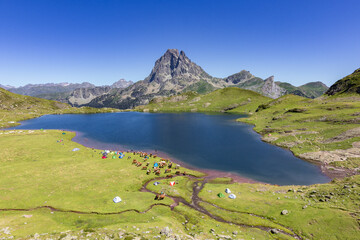 View of Ayous lakes and Midi d'Ossau mountain in the Pyrenees (France)