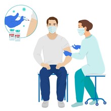 Coronavirus Vaccination, Doctor Or Nurse In Protective Medical Mask Injecting A Patient, Getting Shot Of Covid Vaccine In Arm Muscle, Process Of Immunization Against Covid-19, Hand And Syringe Vector.