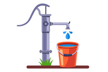 Pump A Bucket Of Water From The Well. Rural Water Column. Flat Vector Illustration Isolated On White Background.
