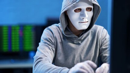 Wall Mural - confident anonymous hacker in face mask typing on keyboard in blue office. caucasian unrecognizable 
