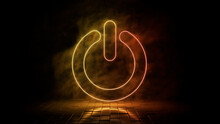 Orange And Yellow Neon Light Power Icon. Vibrant Colored Technology Symbol, Isolated On A Black Background. 3D Render 
