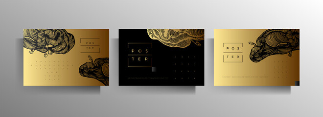 Cover design for brochure, poster, flyer, booklet, catalog template set. Hand drawn graphic elements black with gold. Vector 10 EPS.