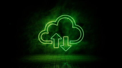 Green neon light cloud icon. Vibrant colored technology symbol, isolated on a black background. 3D Render 