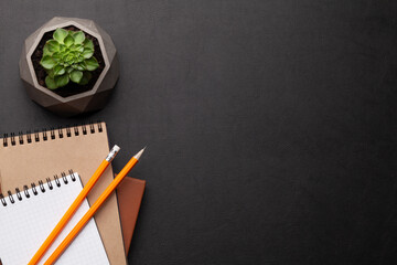 Office desk with supplies and potted plant