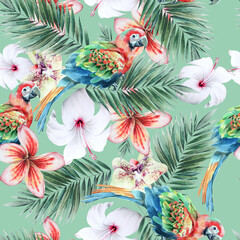  Bright seamless pattern with parrots and flowers. Hibiscus. Palm. Watercolor illustration. Hand drawn.