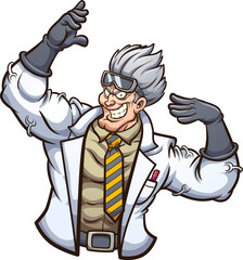 Strong evil scientist posing with arms up. Vector clip art illustration with simple gradients. All on a single layer.
