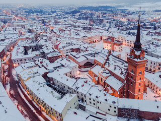 Wall Mural - Tarnow at Blue Hour. Drone View from Above. Winter in the City. Lesser Poland Medieval Old Town Skyline