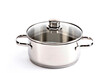 Stainless steel saucepan and tempered glass lid, stainless steel pot isolated on white background.