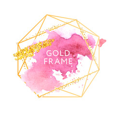 Sticker - Pink, rose, nude and golden brush strokes in gold hexagon frame on a white background. Vector design template for banner, card, cover, web, flyer, poster.