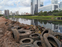 SAO PAULO, BRAZIL - DECEMBER 16, 2019: Garbage And Pollution And Destruction On The Banks Of The River Pinheiros
