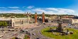 Aerial rooftop view of Placa d'Espanya or Plaza de Espana or Spanish Square and Fountain Of Montjuic in summer sunny day. National Museum of Art on background. Barcelona - capital of Catalonia, Spain