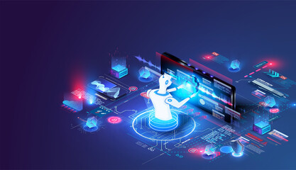 Fototapete - Isometric artificial intelligence. Neuronet or ai technology background with robot head and connections of neurons. Digital brain neural network, AI servers and robot technology. Vector illustration