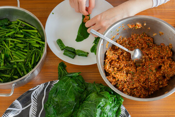 collard wrap with meat and rice, traditional Turkish cuisine.