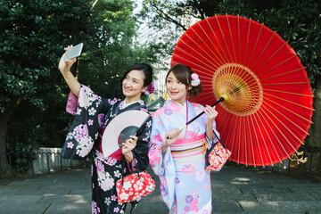 Wall Mural - Japanese women with kimono walking in Tokyo