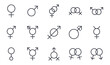Vector gender identity icons. Editable stroke. Set signs female male mercury androgyne gay lesbian heterosexuality, transgender intersex hermaphrodite assexuality sexless genderless engaged betrothed