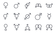 Vector Gender Identity Icons. Editable Stroke. Set Signs Female Male Mercury Androgyne Gay Lesbian Heterosexuality, Transgender Intersex Hermaphrodite Assexuality Sexless Genderless Engaged Betrothed