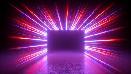 Wall Mural - 3d rendering, abstract neon background. Performance stage with reflecting floor and pink red blue glowing laser rays. Blank rectangular frame