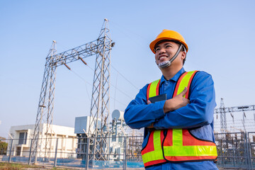 Wall Mural - asain electric engineer confident crossed arms and wear safety in transmission station, concept of e