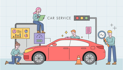 Wall Mural - car service station. professional engineers are analyzing the car.