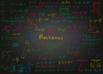 Physics colorful formulas drawn by hand on a black chalkboard for the background. Vector illustration