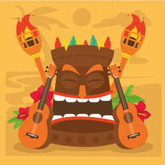 Poster - Hawaiian tiki cartoon with guitars vector design