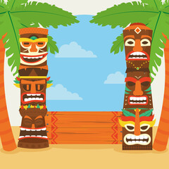 Poster - Hawaiian tiki cartoons with palm trees and clouds vector design