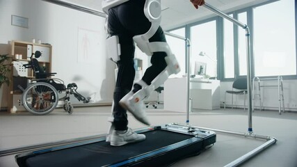 Poster - Modern Hospital Physical Therapy: Patient with Injury Walks Wearing Advanced Robotic Exoskeleton Legs. Physiotherapy Rehabilitation Technology to Make Disabled Person Walk Again. Focus on Legs