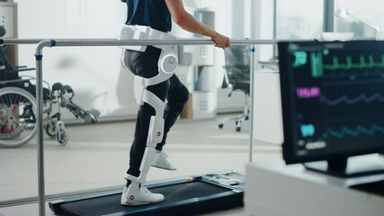 Aufkleber - Modern Hospital Physical Therapy: Patient with Injury Walks on Treadmill Wearing Advanced Robotic Exoskeleton Legs. Physiotherapy Rehabilitation Technology to Make Disabled Person Walk. Focus on Legs