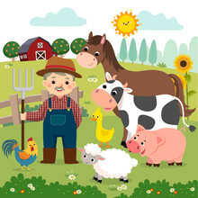 Vector Illustration Cartoon Of Old Farmer And Farm Animals On The Farm.