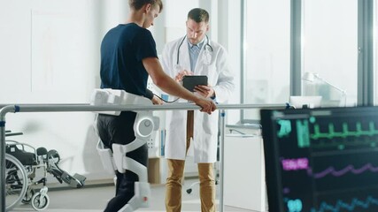 Aufkleber - Modern Hospital Physical Therapy: Doctor Uses Tablet Computer, Helps Disabled Patient with Injury Walk on Treadmill Wearing Advanced Robotic Exoskeleton Legs. Physiotherapy Rehabilitation Technology