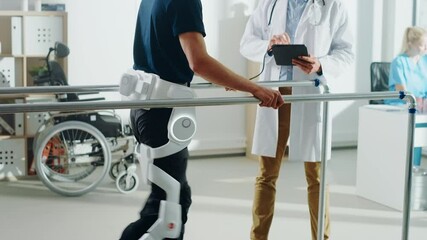 Aufkleber - Modern Hospital Physical Therapy: Doctor Uses Tablet Computer, Helps Disabled Patient with Injury Walk on Treadmill Wearing Advanced Robotic Exoskeleton Legs. Physiotherapy Rehabilitation Technology