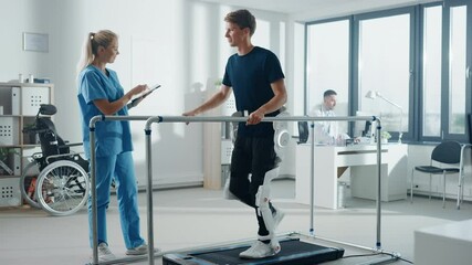 Aufkleber - Modern Hospital Physical Therapy: Doctor Uses Tablet Computer, Helps Disabled Patient with Injury Walk on Treadmill Wearing Advanced Robotic Exoskeleton Legs. Physiotherapy Rehabilitation Technology