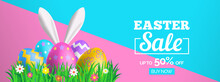Easter Sale Banner Design With Decorative Eggs Green Grass Bunny Ears Vector Illustration