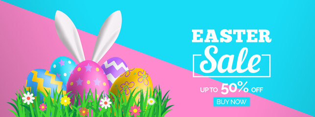 Wall Mural - easter sale banner design with decorative eggs green grass bunny ears vector illustration