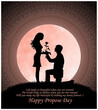 propose day illustration with quote .Man proposing her girl with rose in silhouette with moon and mandala in background