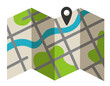 Vector city map with geotag in flat style. Folded paper map with a route and map pointer, GPS location symbol. Stylized color map with streets, river, parks. Isolated on a white background.
