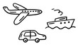 Hand drawn transport set in doodle style. Cartoon car, airplane, steamboat. Doodle machine logo icon symbol. Black contours isolated on a white background. Vector stock illustration.