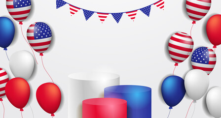 colorful 3d podium stage product display with flying helium balloon decoration with american flag color for promotional banner