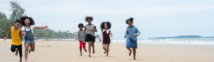 family holiday summer, kids happiness vacation on the beach, group of black family happy summer. 