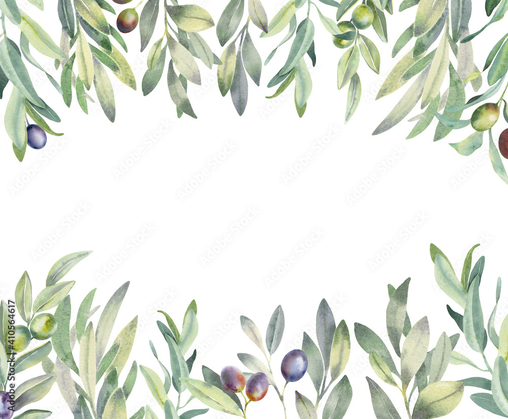Hand paint watercolor frame with olive branches and leaves on white ...
