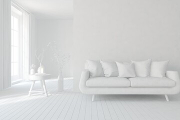 White minimalist living room with sofa. Scandinavian interior design. 3D illustration