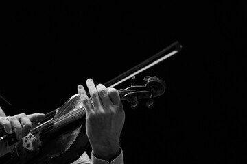 Violinist hands on black background 