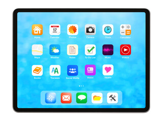 Tablet isolated on white background, home screen mockup with app icons.