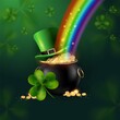 St. Patrick's Day. The symbols of the holiday are a pot of money and a green leprechaun hat. Rainbow light falls into a pot of coins on a background of shamrock clover