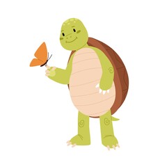 Poster - Cute and funny turtle looking at pretty butterfly on its paw. Happy green tortoise holding moth. Childish animal mascot. Colored flat vector illustration isolated on white background