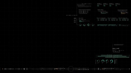 Futuristic motion graphic user interface head up display screen template, digital data telemetry information display with alpha channel for graphic overlay