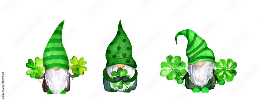 Set of St Patrick day gnomes in striped and decorated hats with four leaves clovers - luck symbols. Watercolor green scandinavian dwarfs collection, bundle in celtic, irish style - obrazy, fototapety, plakaty 