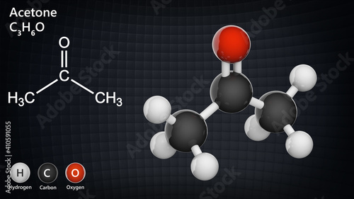 Structural chemical formula and molecular structure of acetone. Formule C3H6O. Chemical structure model: Ball and Stick. 3D illustration.