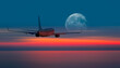 Passenger airplane flying away in to sky high altitude during sunset with full moon 